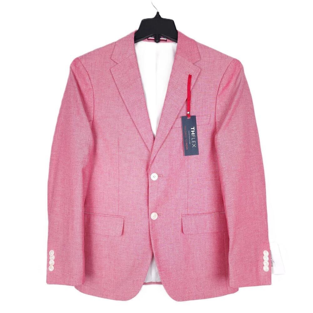 Tommy Hilfiger Mens Modern Fit Sport Coat Blazer 36S Red Solid Stretch Chambray